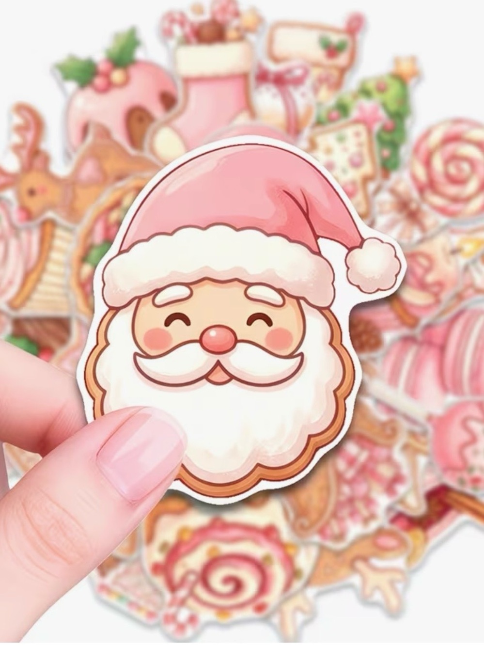 50 Pink Christmas Sweets Stickers Cookies Cake Santa Reindeer Donut Yule Log